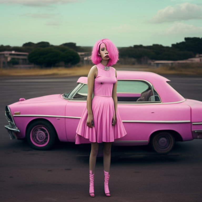 a woman in a pink dress whit pink hair, standing next to a car --sameseed 417241810