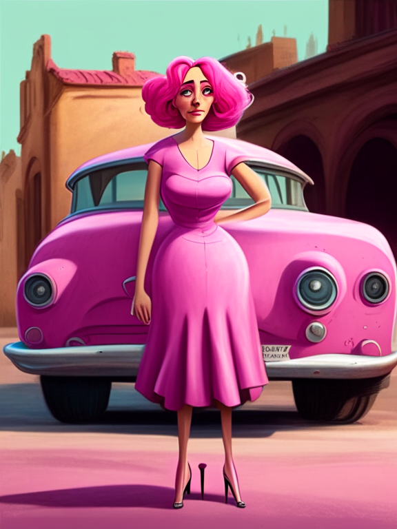Stefania a woman in a pink dress with pink hair, standing next to a maggiolino car, in pixar style