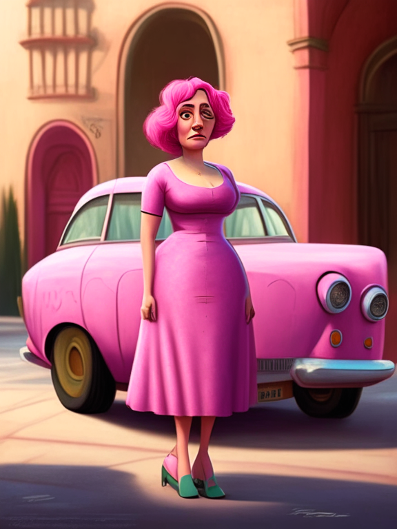 Stefania a woman in a pink dress with pink hair, standing next to a maggiolino car, in pixar style