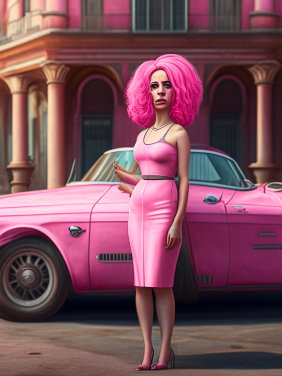 a woman in a pink dress with pink hair , standing next to a maggiolino car, 4k, 8k, detailed