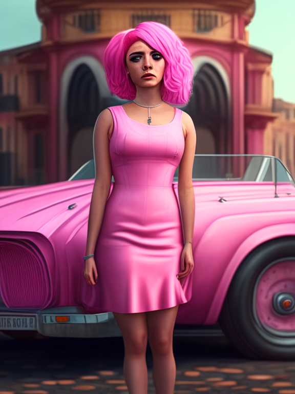 a woman in a pink dress with pink hair , standing next to a maggiolino car, 4k, 8k, detailed