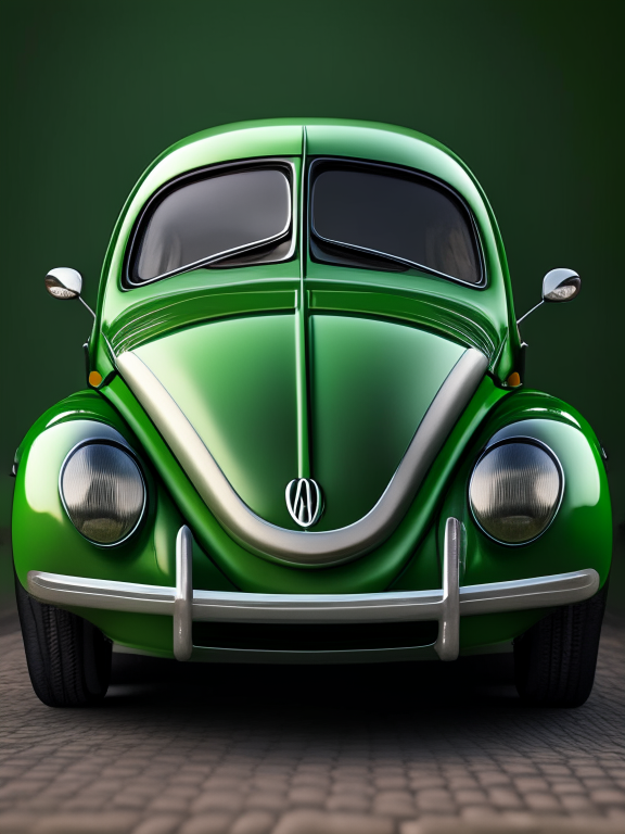 a front view of a green Maggiolino beetle car, 4k, ultra realistic, detailed, high resolution, sharp focus, front bumper, headlights, grille, hood