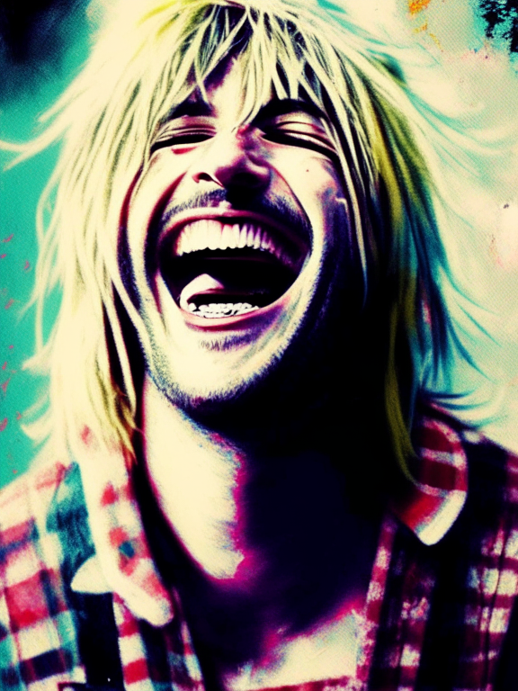 Kurt Cobain laughing maniacally, Hippie style