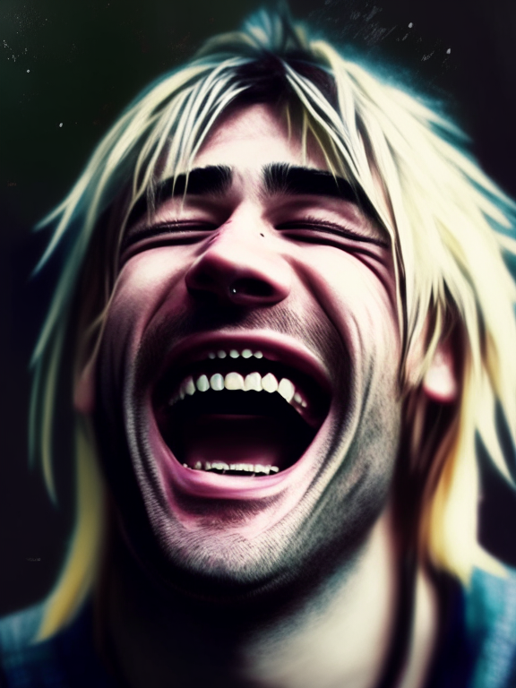 Kurt Cobain laughing maniacally, realistic style, deailed, 4k, 8k