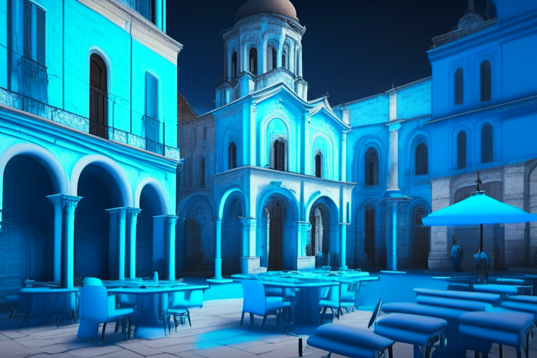 beautiful town square with church and café terraces walls painted with blue and cyan fluorescent graffiti, horizontal position, 4k resolution, realistic, hyper realistic, 3d render”