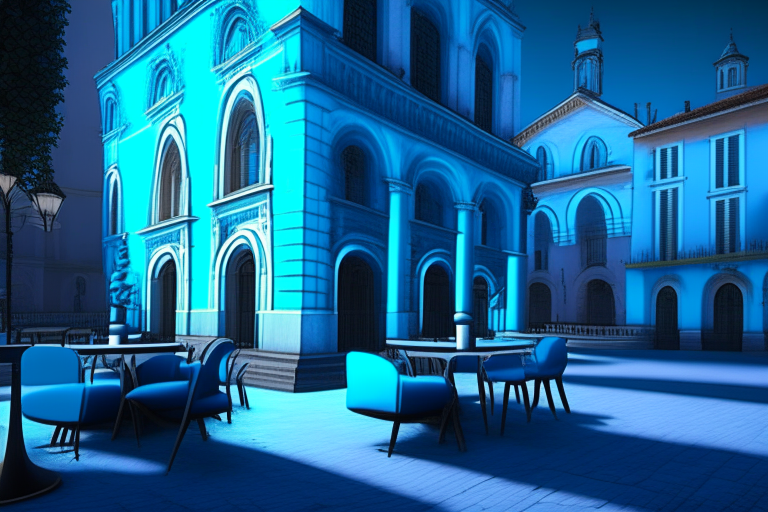 beautiful town square with church and café terraces walls painted with blue and cyan fluorescent graffiti, horizontal position, 4k resolution, realistic, hyper realistic, 3d render”