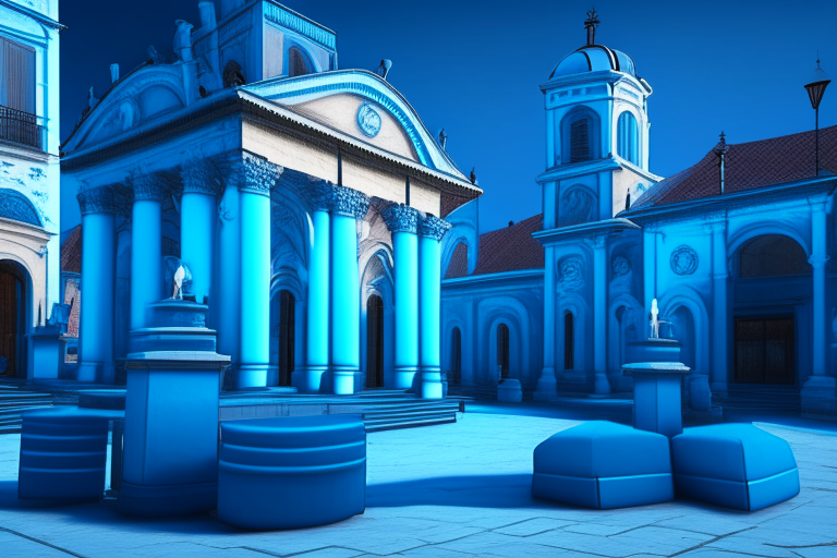 beautiful town square with church and café terraces walls painted with blue and cyan fluorescent graffiti, horizontal position, 4k resolution, realistic, hyper realistic, 3d render”