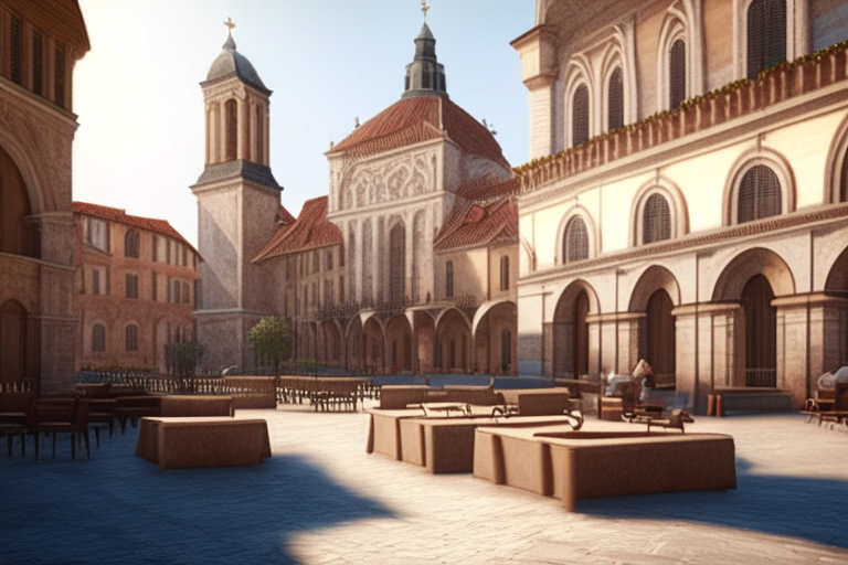 beautiful town square with church and café terraces walls , horizontal position, 4k resolution, realistic, hyper realistic, 3d render”