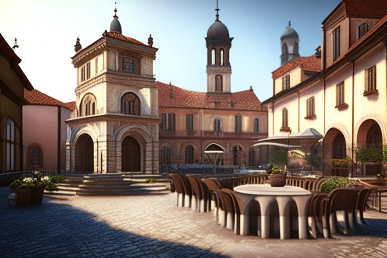 beautiful town square with church and café terraces walls , horizontal position, 4k resolution, realistic, hyper realistic, 3d render”