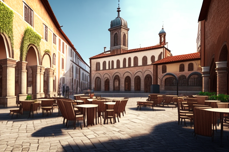 beautiful town square with church and café terraces walls , horizontal position, 4k resolution, realistic, hyper realistic, 3d render”