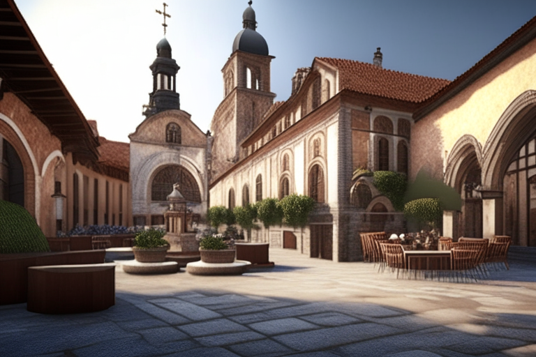 beautiful town square with church and café terraces walls , horizontal position, 4k resolution, realistic, hyper realistic, 3d render”