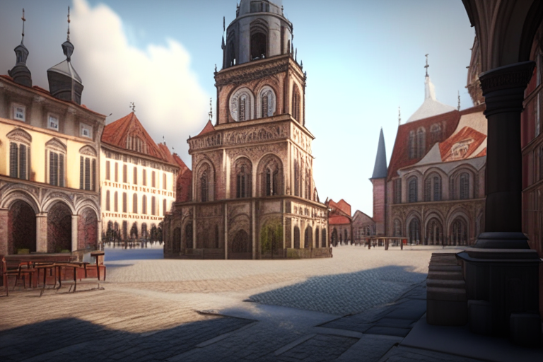 beautiful town square with church  , horizontal position, 4k resolution, realistic, hyper realistic, 3d render”