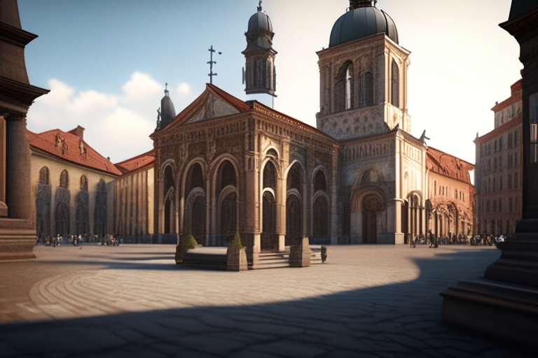 beautiful town square with church  , horizontal position, 4k resolution, realistic, hyper realistic, 3d render”