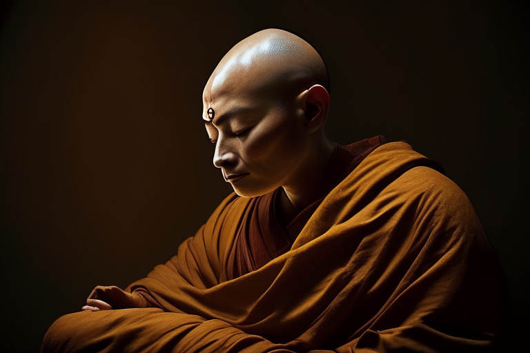 “Generate an image of a Buddhist monk sitting in meditation, with eyes closed and a peaceful expression on their face. The focus should be on the monk's face, capturing the details of their serene expression, such as a slight smile and closed eyes. The lighting should be soft and natural, illuminating the monk's features and creating a sense of tranquility. The background can be a simple, peaceful setting, such as a temple or a tranquil garden. Please ensure that the overall composition evokes a sense of serenity and spiritual calm.". detail render, 85mm”, Negative prompt 1: “nsfw, doll like, repetitive”