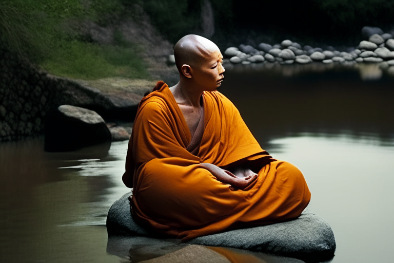 “Generate an image of a Buddhist monk sitting in meditation, sitting on a rock near a river eyes closed and a peaceful expression on their face. The focus should be on the monk's face, capturing the details of their serene expression, such as a slight smile and closed eyes. The lighting should be soft and natural, illuminating the monk's features and creating a sense of tranquility. The background can be a simple, peaceful setting, such as a temple or a tranquil garden. Please ensure that the overall composition evokes a sense of serenity and spiritual calm.". detail render, 85mm”, Negative prompt 1: “nsfw, doll like, repetitive”