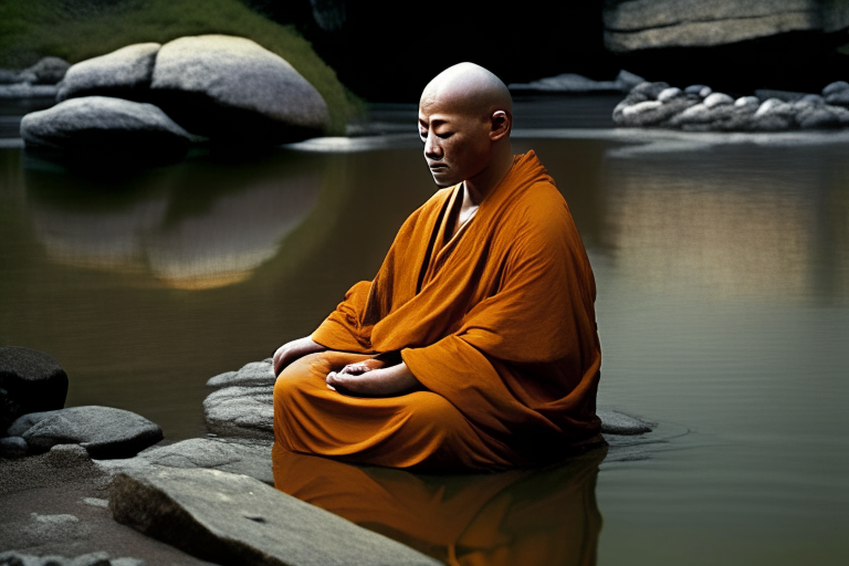 “Generate an image of a Buddhist monk sitting in meditation, sitting on a rock near a river eyes closed and a peaceful expression on their face. The focus should be on the monk's face, capturing the details of their serene expression, such as a slight smile and closed eyes. The lighting should be soft and natural, illuminating the monk's features and creating a sense of tranquility. The background can be a simple, peaceful setting, such as a temple or a tranquil garden. Please ensure that the overall composition evokes a sense of serenity and spiritual calm.". detail render, 85mm”, Negative prompt 1: “nsfw, doll like, repetitive”