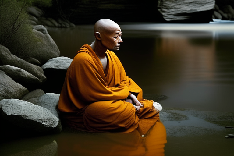 “Generate an image of a Buddhist monk sitting in meditation, sitting on a rock near a river eyes closed and a peaceful expression on their face. The focus should be on the monk's face, capturing the details of their serene expression, such as a slight smile and closed eyes. The lighting should be soft and natural, illuminating the monk's features and creating a sense of tranquility. The background can be a simple, peaceful setting, such as a temple or a tranquil garden. Please ensure that the overall composition evokes a sense of serenity and spiritual calm.". detail render, 85mm”, Negative prompt 1: “nsfw, doll like, repetitive”