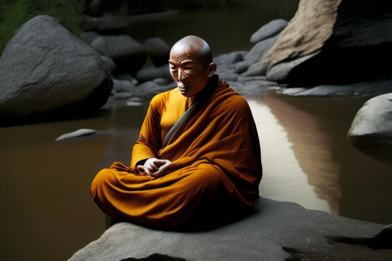 “Generate an image of a Buddhist monk sitting in meditation, sitting on a rock near a river eyes closed and a peaceful expression on their face. The focus should be on the monk's face, capturing the details of their serene expression, such as a slight smile and closed eyes. The lighting should be soft and natural, illuminating the monk's features and creating a sense of tranquility. The background can be a simple, peaceful setting, such as a temple or a tranquil garden. Please ensure that the overall composition evokes a sense of serenity and spiritual calm.". detail render, 85mm”, Negative prompt 1: “nsfw, doll like, repetitive”