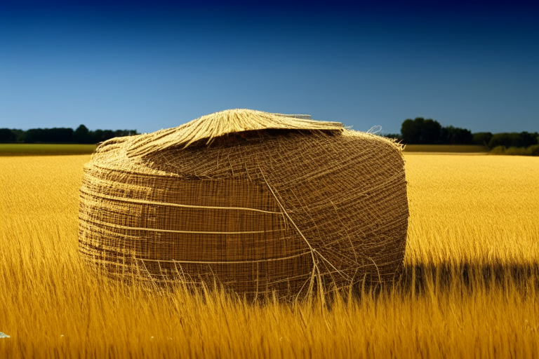 hay bales in a field with a straw hat