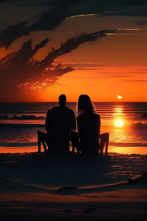 A beautiful couple sitting in beach beautiful climate dark, sunset ,alone 