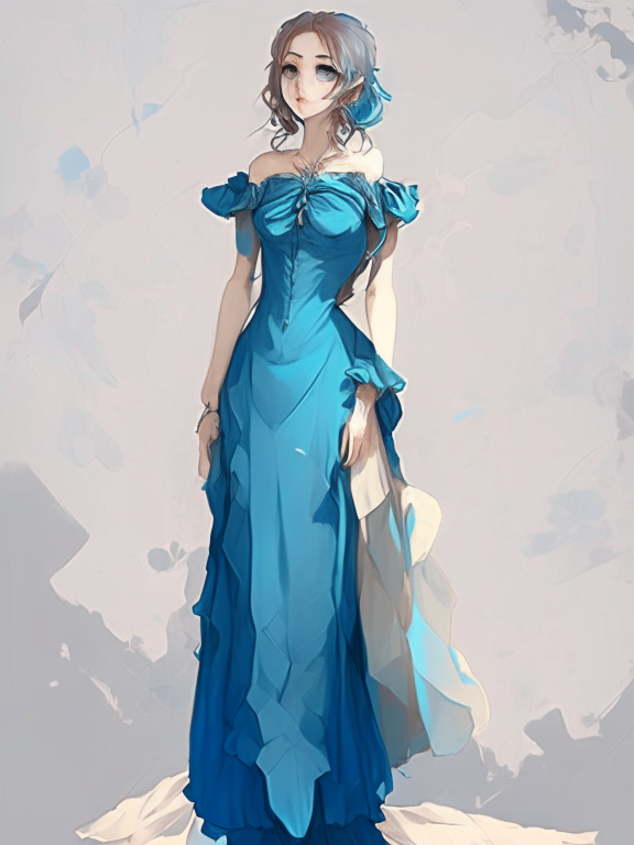 woman in blue dress, anime style