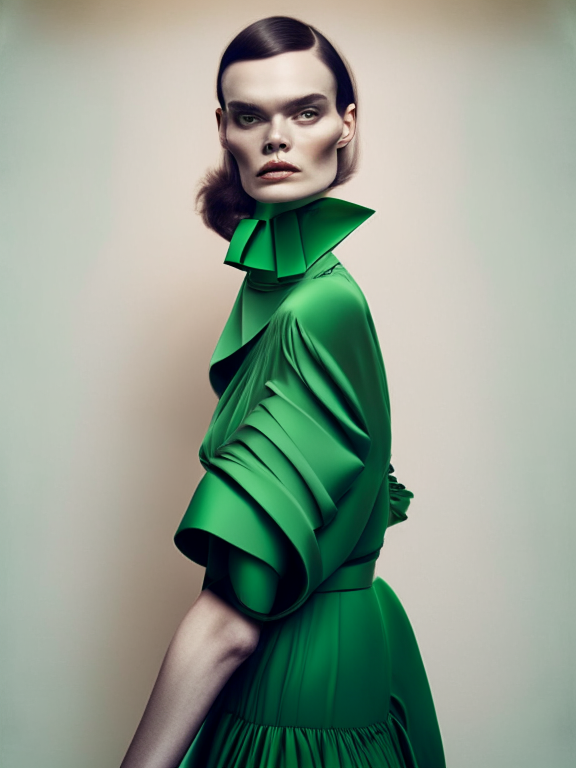 a woman wearing a green dress posing for a photo, high fashion editorial style