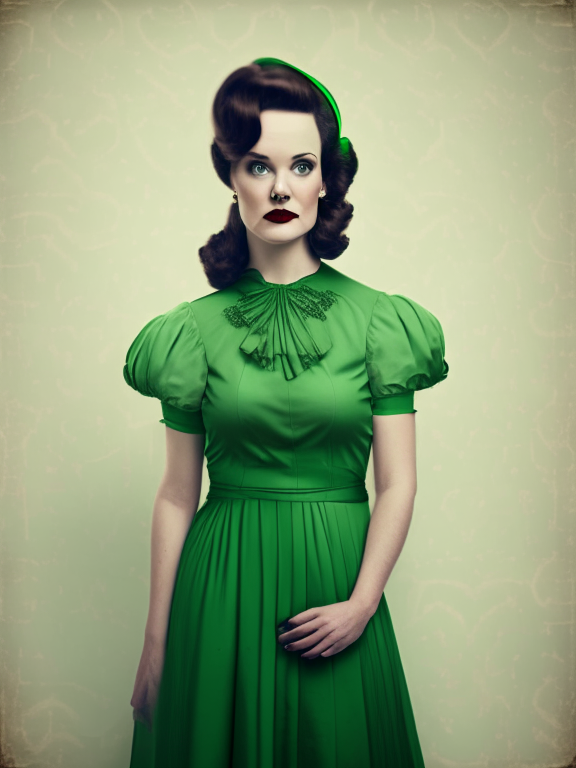 a woman wearing a green dress posing for a photo, vintage retro style
