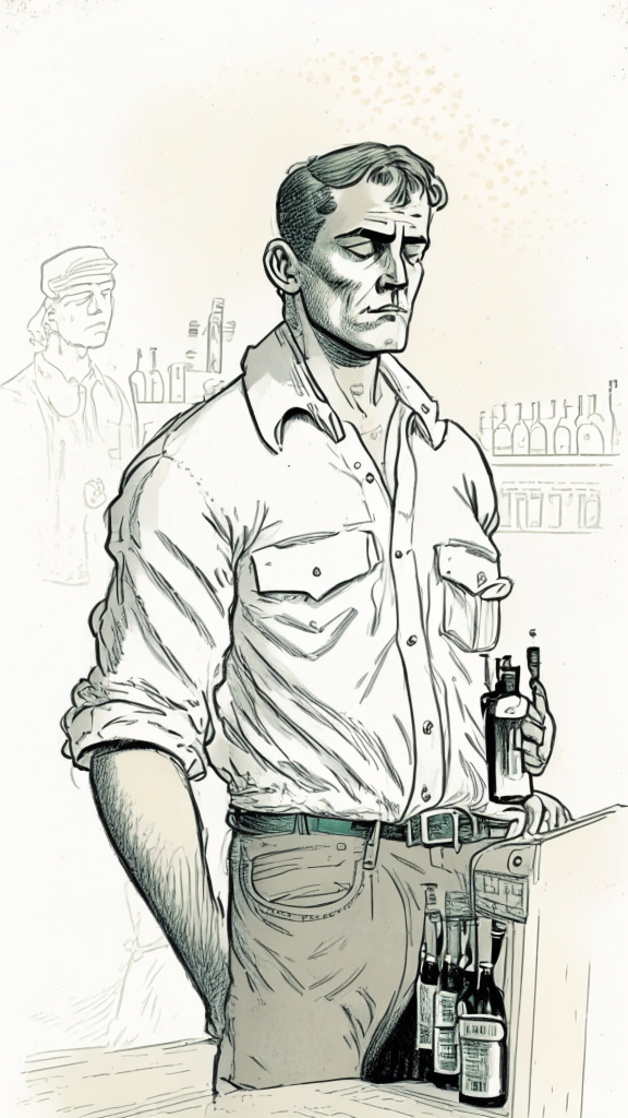 a drawing of a man with his hands in his pockets putting a bottle of alcohol on a cash register