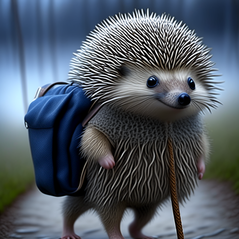 close-up, very detailed realistic photo portrait:  a hedgehog in the fog walks with a bag on a stick,  happiness, ultra-reality, 32K, HQ, 3D, trending on artstation, sharp focus, studio photo, intricate details, highly detailed, by greg rutkowski