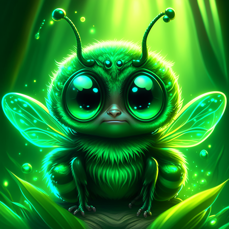 Fantasy and mysterious cute little honey bee in an emerald green forest, bumble bee, glittering fur, cute big eyes, iridescent wings, hyperdetailed, big reflective eyes, ultra highly detailed, style Disney or Pixar. comic book cover