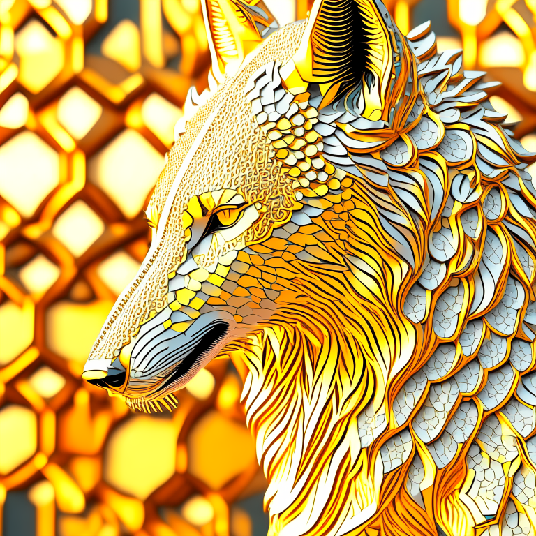  mosaic wolf. Highly detailed, intricate. Golden metalic

in art nouveau style,
surrealism, paradoxes, the impossible,
colorful,
very beautiful, perfect
