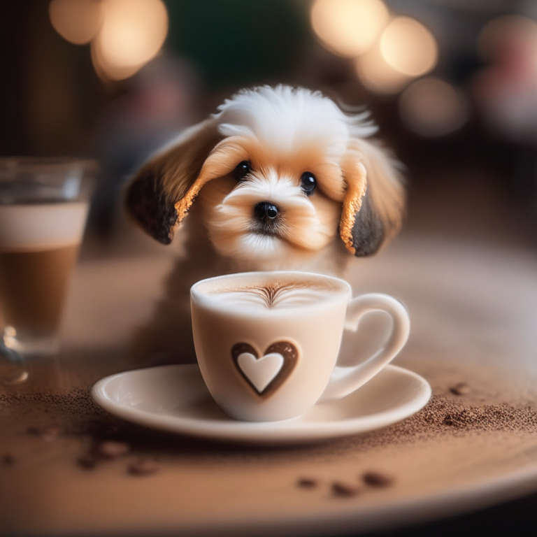 a cute puppy drinking a latte with heart-shaped latte art, bokeh, 35mm