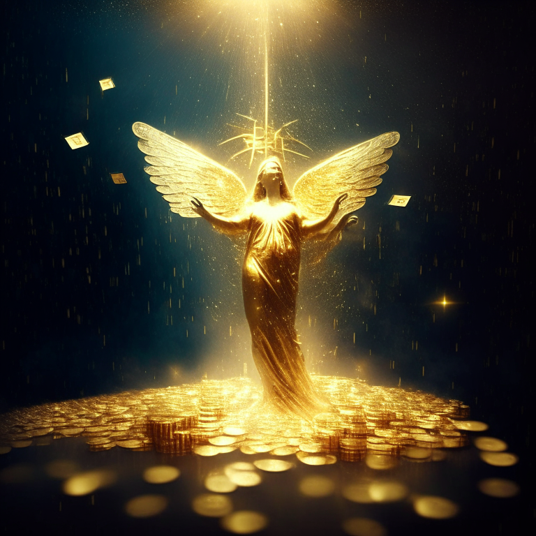Angel meditation irradiating golden lights and dollars and coins raining from sky