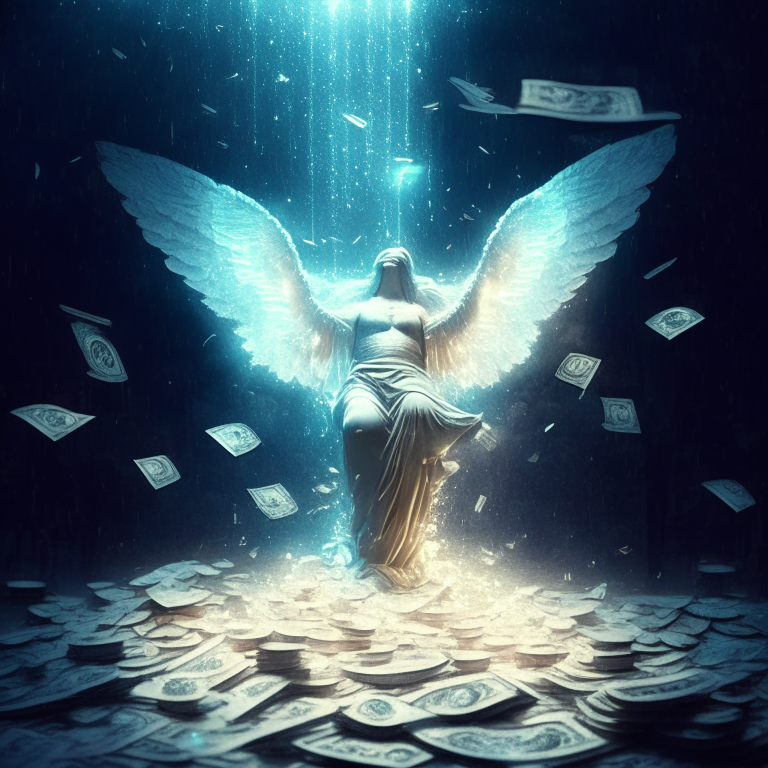 Angel meditation irradiating electric lights and dollars and coins raining from sky