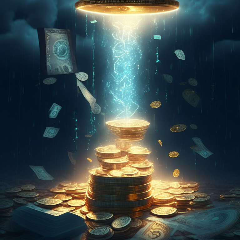 Treasure meditation irradiating electric lights and dollars and coins raining from sky