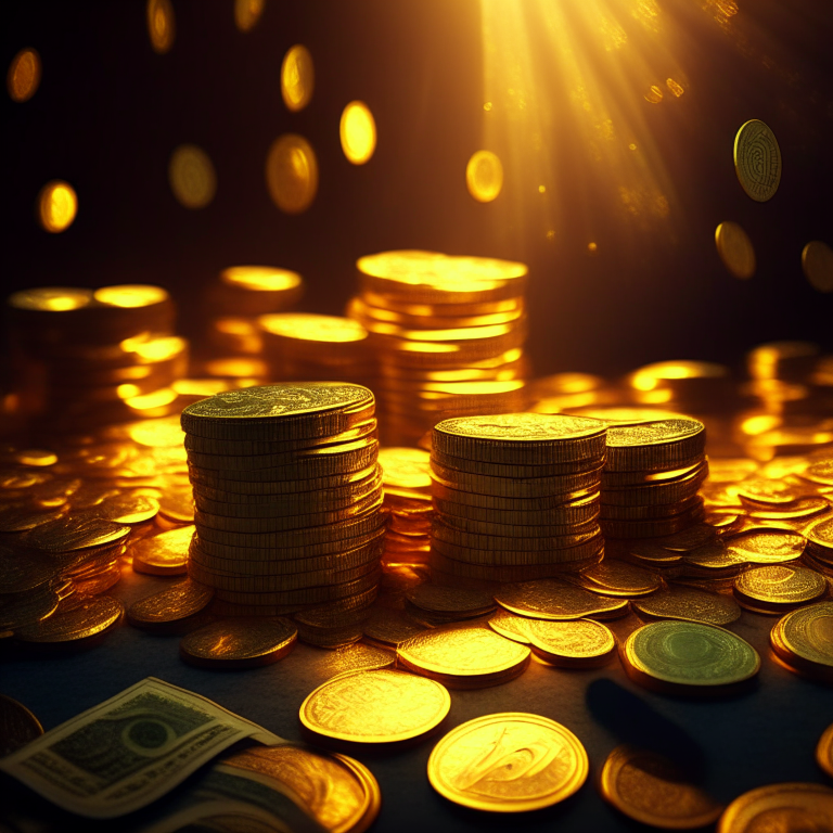 Dollars and coins irradiating golden lights