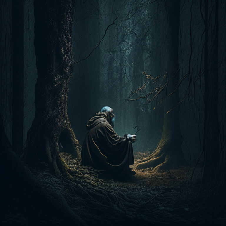 philosopher thinking in a dimly lit forest