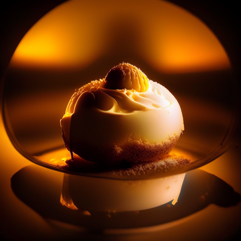 a photo of a dessert, shot with a fisheye lens, soft warm glow