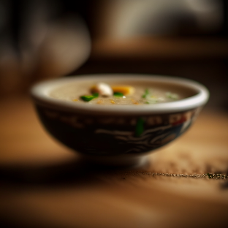 a photo of a bowl of soup, shot with a tilt-shift lens, selective focus