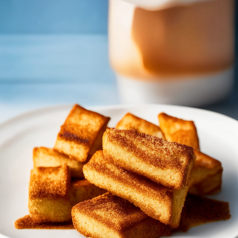 a plate of Air Fryer French Toast Sticks, filling most of the frame shot with bright, clear studio lighting