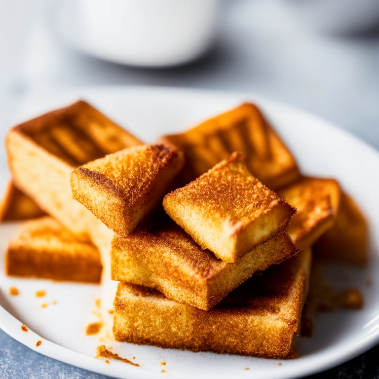 a macro photo of Air Fryer French Toast Sticks filling most of the frame, minimizing the plate and background shot with bright, clear studio lighting