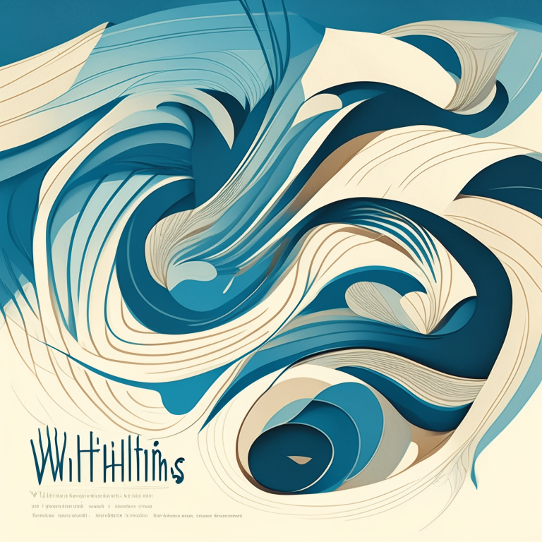 A stylized illustration of abstract, undulating forms in earth tones and sky blue representing wind and nature, with the title "Rhythms of the Wind" in an elegant font.