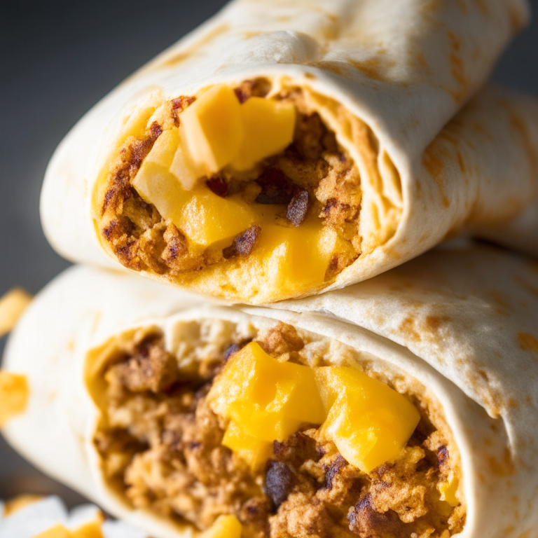 a close up photo of air fryer breakfast burritos filling the frame, well lit with clear studio lighting