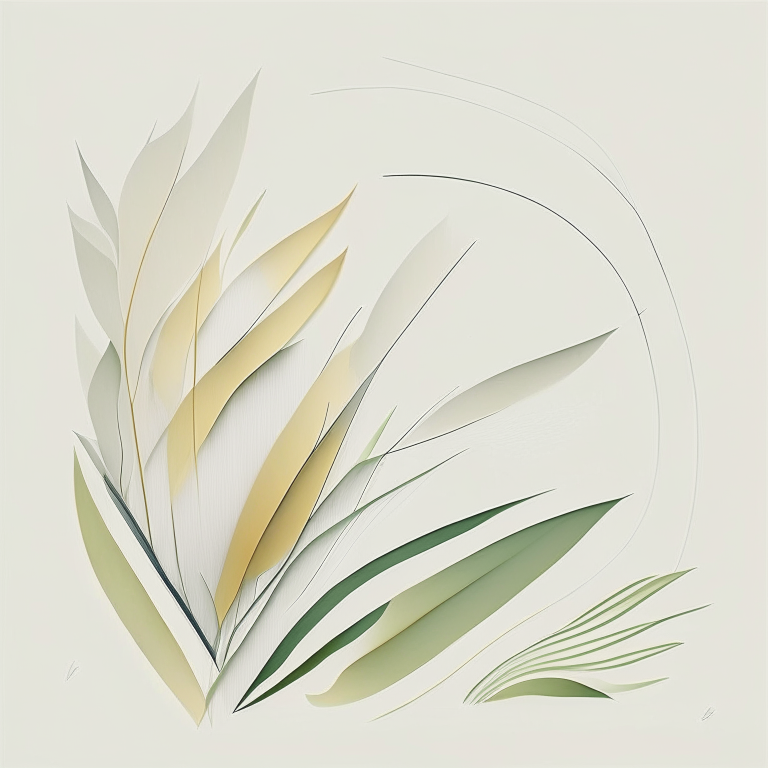 A minimalist composition of curved lines and geometric shapes that evoke the movement of wind through grass and leaves, with soft colors and a minimalist approach.