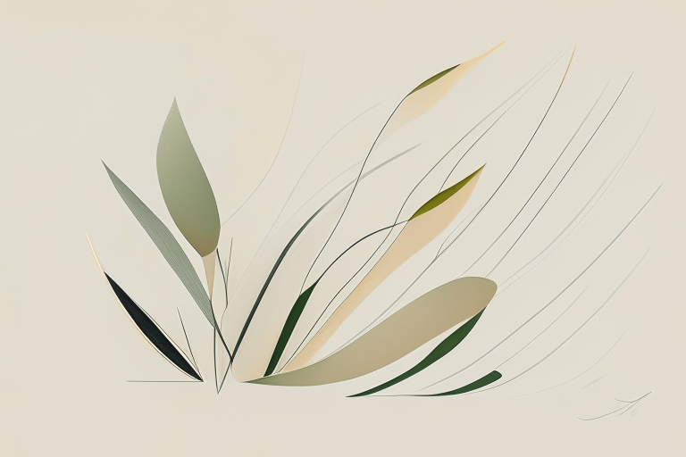 A minimalist composition of curved lines and geometric shapes that evoke the movement of wind through grass and leaves, with soft colors and a minimalist approach.