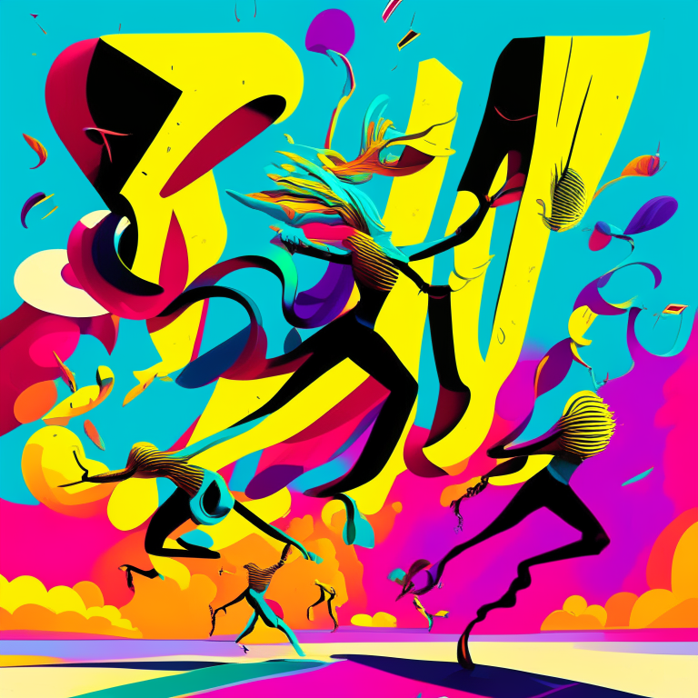A surreal illustration of humanoid figures floating in the air propelled by the wind, with bright colors and a pop art style, along with the title "Rhythms of the Wind" in large, eye-catching letters.