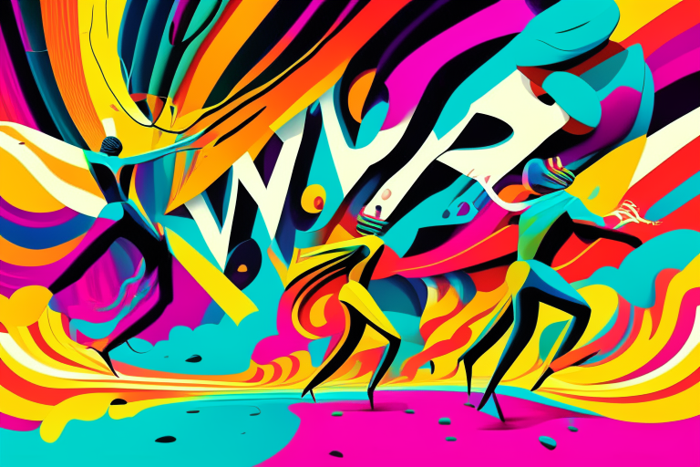 A surreal illustration of humanoid figures floating in the air propelled by the wind, with bright colors and a pop art style, along with the title "Rhythms of the Wind" in large, eye-catching letters.