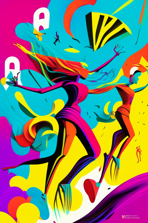 A surreal illustration of humanoid figures floating in the air propelled by the wind, with bright colors and a pop art style, along with the title "Rhythms of the Wind" in large, eye-catching letters.