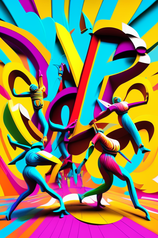 The humanoid figures continue spinning in the air propelled by the wind, with bright colors and a pop art style, along with the title "Rhythms of the Wind" in large, eye-catching letters.