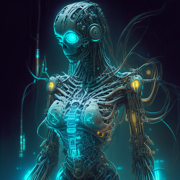 a cybernetic mummy, futuristic, glowing circuits